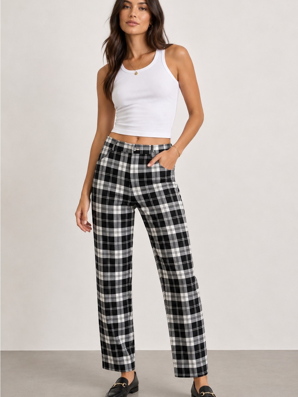 ZARA Women’s Black & White Plaid Straight-Leg Pants Size 31